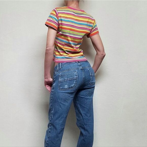 VINTAGE 90s Y2K Sag Harbor Rainbow Striped Short Sleeve Cropped Tee T-shirt S - Picture 3 of 12
